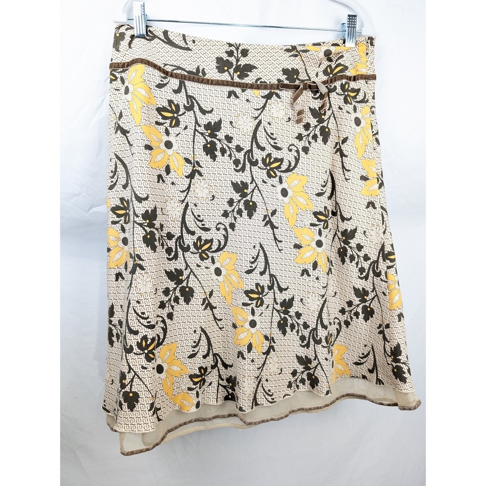Vintage Floral‎ Boho 100% Silk Midi Skirt Sz 10 Brown Cottagecore Granola Preppy - Picture 2 of 10